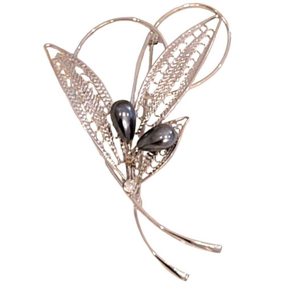 Dainty Silver Filigree Brooch Pin w/ Black Pearls & Rhinestone